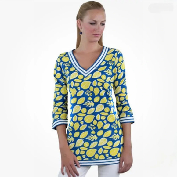 Gretchen Scott V-Neck Royal Blue & Yellow Leaf Split Side Tunic Women’s Size S - Picture 1 of 9